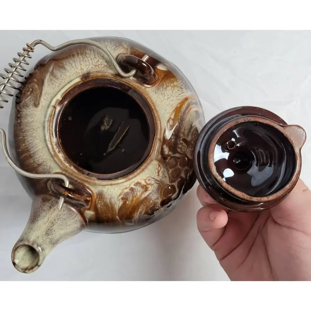 Brown and Cream Glazed Tea Kettle